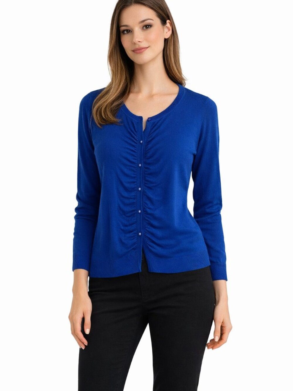 New York Company Womens Large Blue Ruffle Button Front Cardigan Sweater